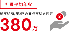 社員平均年収 総支給額/年2回の賞与支給を想定 380万